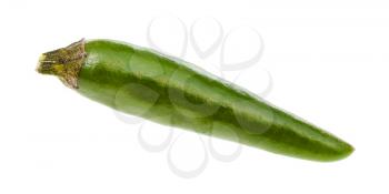 single little fresh green ripe chili pepper isolated on white background