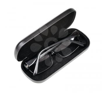 glasses in black eyeglass case isolated on white background