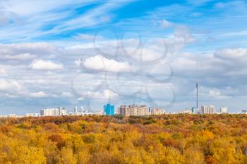 low white clouds in blue sky over yellow city park on sunny autumn day