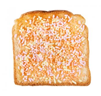 top view of dutch sweet open sandwich with toast and fruithails (sugar topping sprinkles) isolated on white background