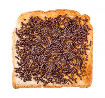 top view of dutch sweet open sandwich with toast and hagelslag (topping from chocolate sprinkles) isolated on white background
