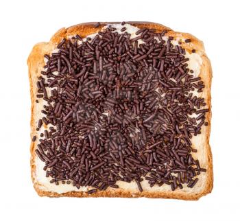 top view of dutch sweet toast with butter and hagelslag (topping from chocolate sprinkles) isolated on white background