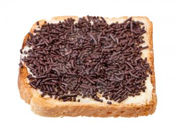 dutch sweet toast with butter and hagelslag (topping from chocolate sprinkles) isolated on white background