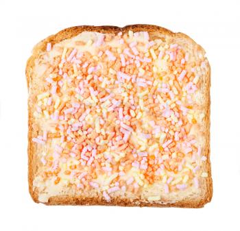 top view of dutch sweet toast with butter and fruithails (sugar topping sprinkles) isolated on white background