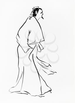 old chinese pundit hand drawn in sumi-e style by black ink on white paper