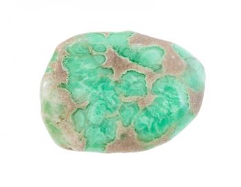 closeup of sample of natural mineral from geological collection - tumbled Variscite gemstone isolated on white background