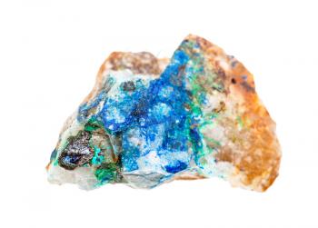 closeup of sample of natural mineral from geological collection - Tennantite crystal, blue Azurite and green Tirolite on quartz rock isolated on white background