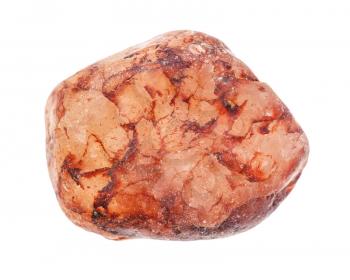closeup of sample of natural mineral from geological collection - pebble of pink quartz rock isolated on white background