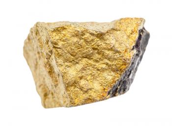 closeup of sample of natural mineral from geological collection - unpolished yellow Chalcopyrite rock isolated on white background