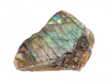 closeup of sample of natural mineral from geological collection - polished Labradorite stone isolated on white background