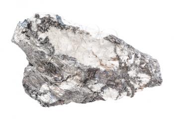closeup of sample of natural mineral from geological collection - Bismuthinite crystals in quartz rock isolated on white background