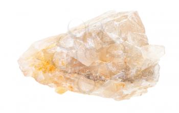 closeup of sample of natural mineral from geological collection - rough yellow Fluorite (fluorspar) rock isolated on white background