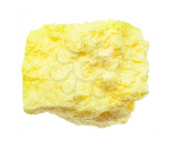 closeup of sample of natural mineral from geological collection - pure rough Sulphur (Sulfur) rock isolated on white background