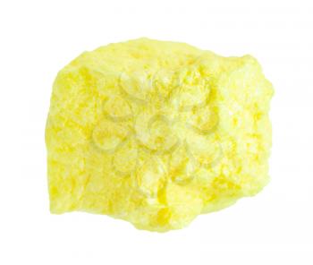 closeup of sample of natural mineral from geological collection - pure raw Sulphur (Sulfur) rock isolated on white background