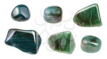 set of various Bloodstone (Heliotrope) gemstones isolated on white background