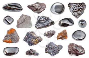 set of various Hematite rocks isolated on white background