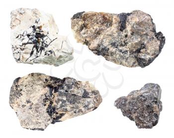 set of various Ilmenite rocks isolated on white background