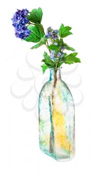 artificial hydrangea flowers in hand painted glass flask isolated on white background