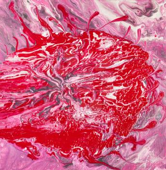abstract painting with red blob and flowing pink acrylic paints