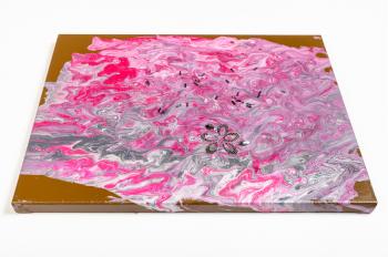 painting without frame with pink and silver acrylic image decorated by beads on white background