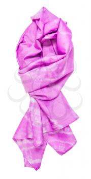 tied pink scarf with abstract pattern colored in tie-dye batik technique isolated on white background