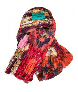 wrapped stitched red brown patchwork scarf isolated on white background