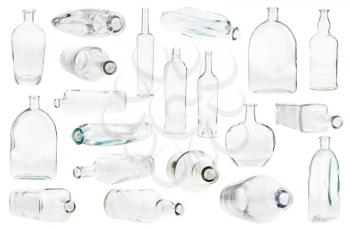 set of various empty clear bottles isolated on white background
