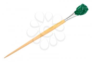 flat paint brush with green colored tip in blot and long wooden handle isolated on white background