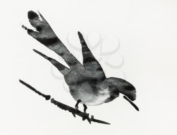 bird on twig of reed hand-drawn by black ink on old textured paper in sumi-e (suibokuga) style