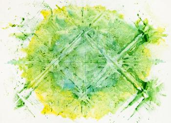 minimalist art - abstract symmetric monotyping painting handcrafted with green and yellow watercolors on old paper