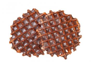 two sweet chocolate-covered waffles isolated on white background
