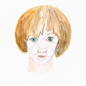 portrait of caucasian girl with big green eyes hand-drawn by watercolours on white paper