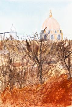 view of dome of cathedral over garden in Paris city on sunny March day hand-drawn by watercolours on white paper