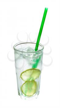 gin and tonic cocktail in highball glass with two slices of lime, cubes of ice and green plastic straw isolated on white background