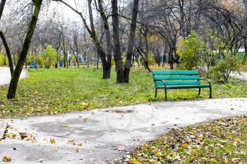 wet path and empty green bench in public city garden on overcast autumn day