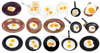 set of various fried eggs on plates and pans isolated on white background