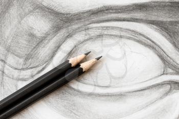 two wooden graphite pencils on hand-drawn academic drawing of David's eye close up