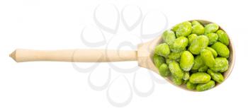 top view of frozen Edamame (unripe soybeans) in wood spoon isolated on white background