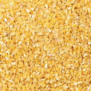 square food background - crushed polished wheat grains close up