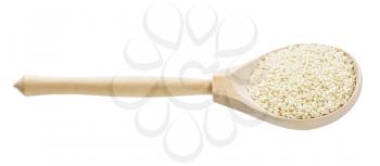 wooden spoon with white sesame seeds isolated on white background
