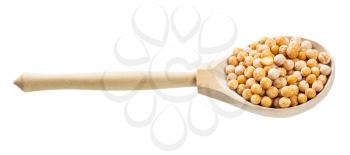 wooden spoon with dried whole yellow peas isolated on white background