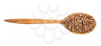 top view of wood spoon with brown flax seeds isolated on white background