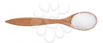 top view of crystalline citric acid in wood spoon isolated on white background