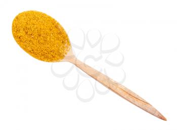 top view of ground dried tagetes (imeretian saffron) in wood spoon isolated on white background