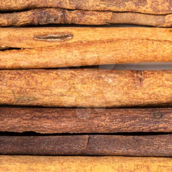 square food background - several sticks of cassia cinnamon close up