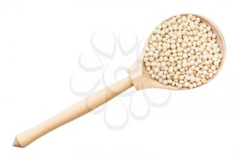top view of israeli pearl couscous in wood spoon isolated on white background