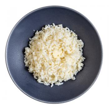 top view of buttered porridge from parboiled rice in gray bowl isolated on whitte background