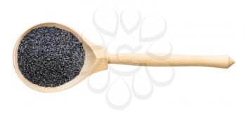 top view of wood spoon with poppy seed isolated on white background