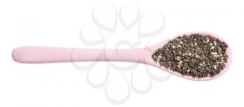 top view of ceramic spoon with raw chia seeds isolated on white background