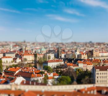 Aerial view of Prague from Prague Castle with tilt shift toy effect shallow depth of field. Prague, Czech Republic